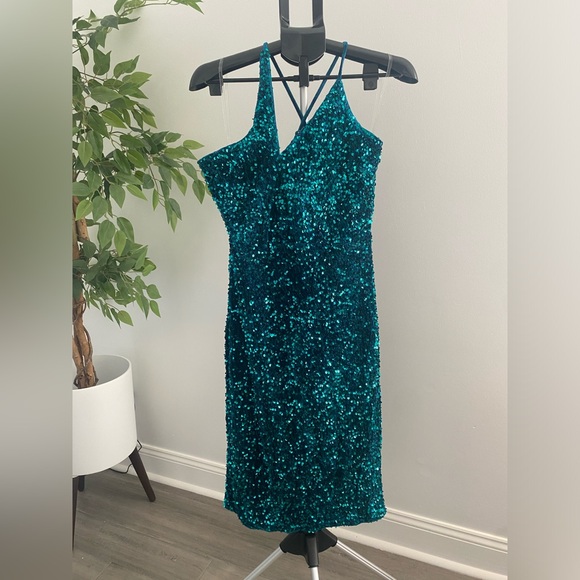 Teal Sequin Strappy Sleeveless Dress - Picture 2 of 5